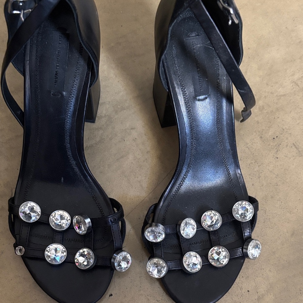 Black Women's Jeweled Strap Block Heel Sandals Alexander Wang.
